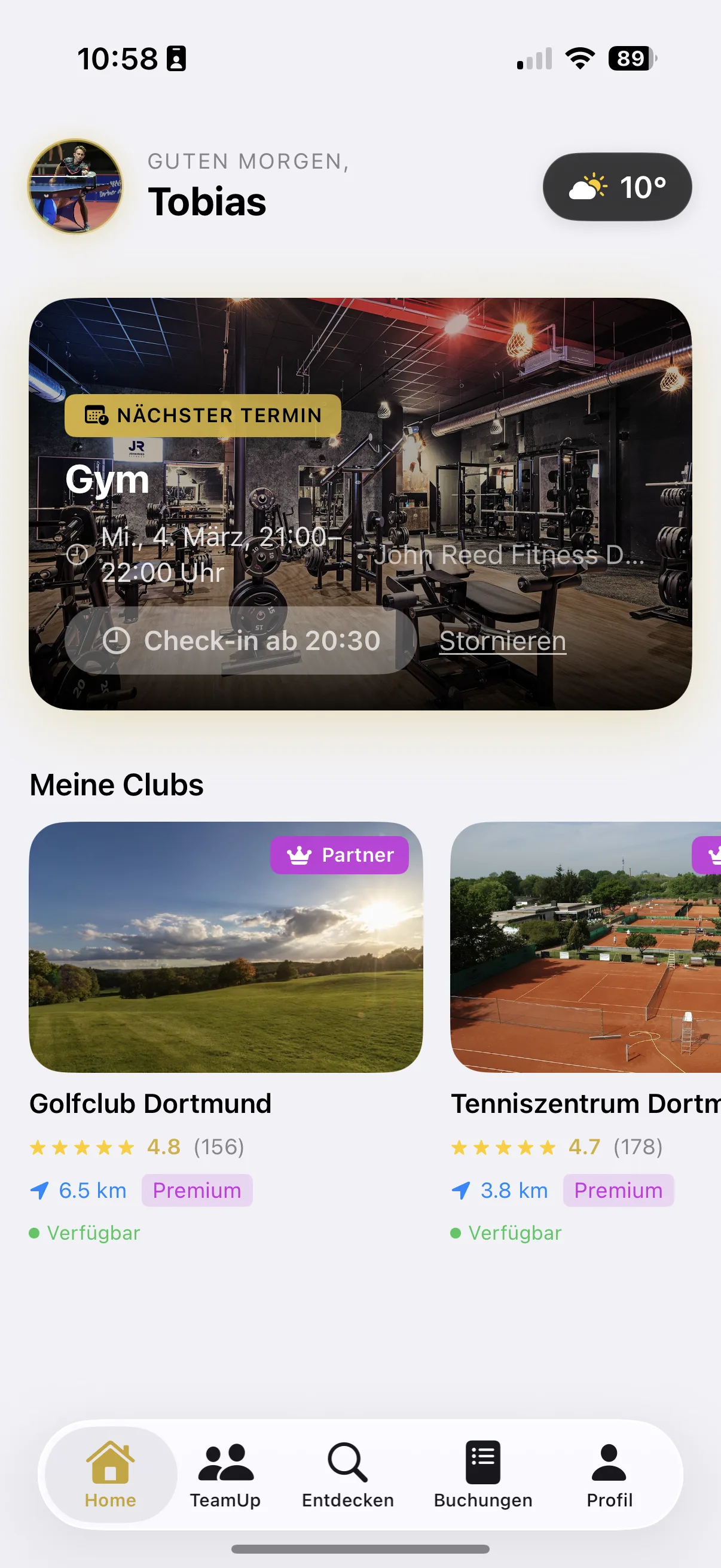 OneClub Buchen-Screen